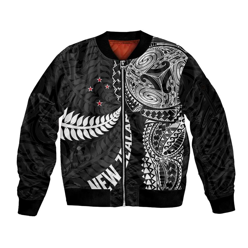 Aotearoa Volleyball Custom Sleeve Zip Bomber Jacket Silver Ferns and Maori Tribal Black LT03 Unisex Black - Polynesian Pride
