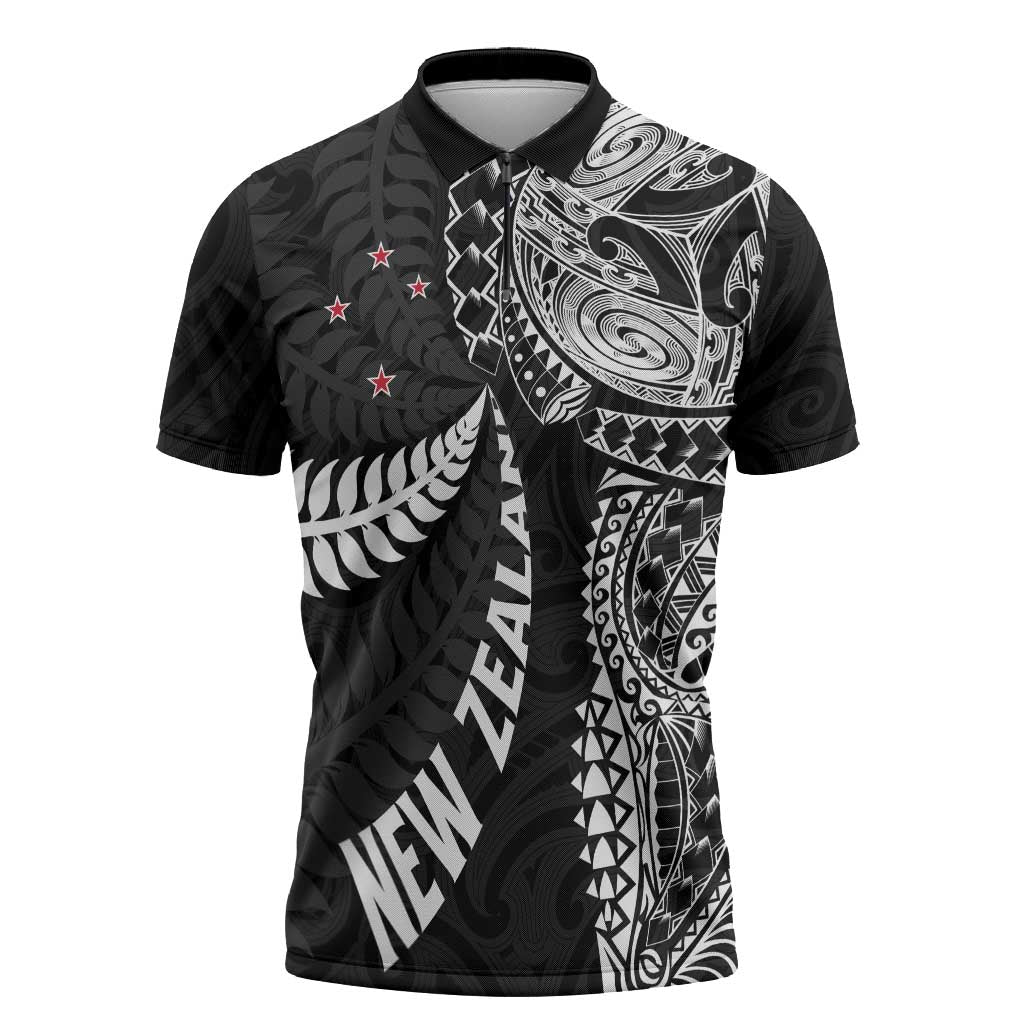 Aotearoa Volleyball Custom Zipper Polo Shirt Silver Ferns and Maori Tribal Black LT03 Black - Polynesian Pride
