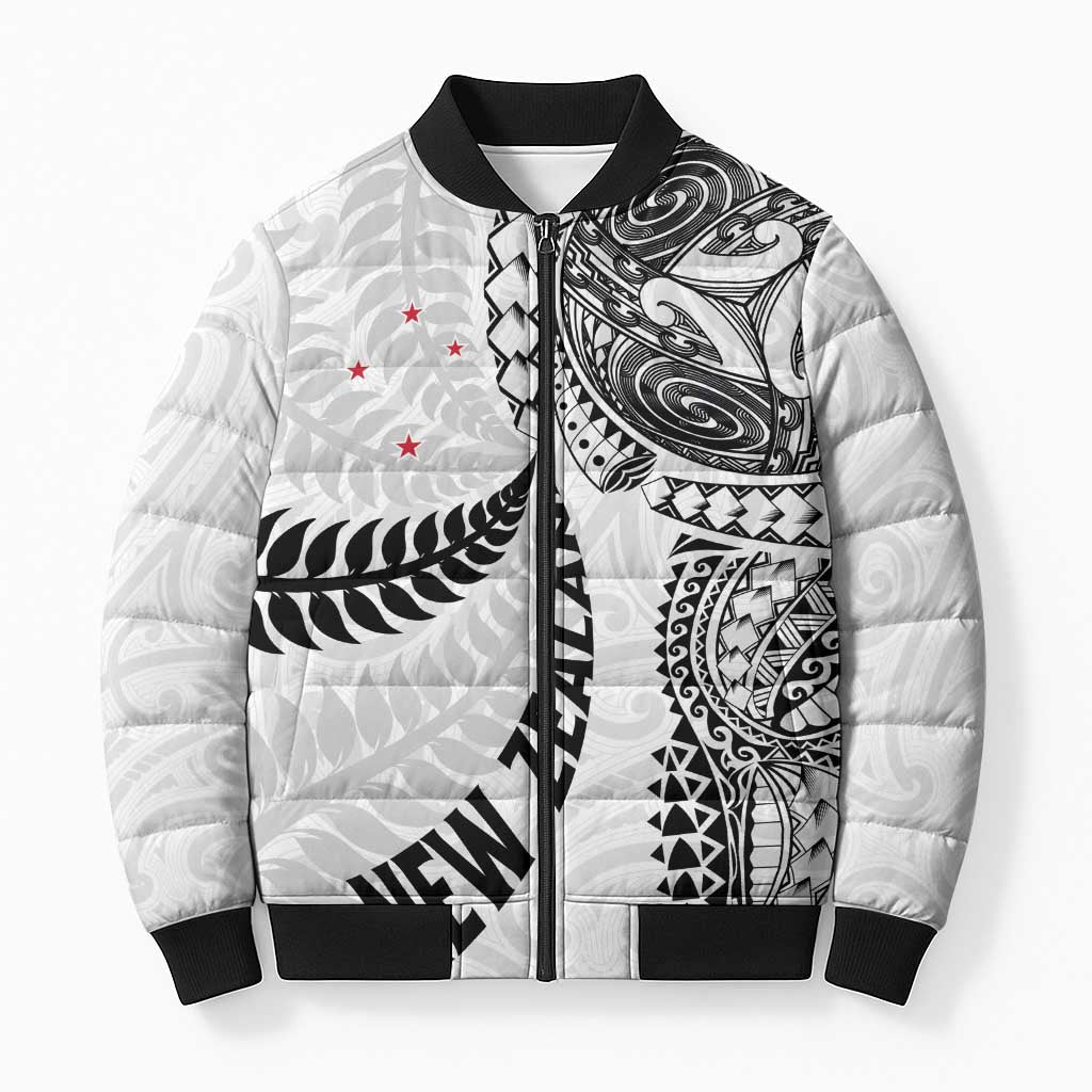 Aotearoa Volleyball Custom Bomber Puffer Jacket Silver Ferns and Maori Tribal White LT03 Unisex White - Polynesian Pride