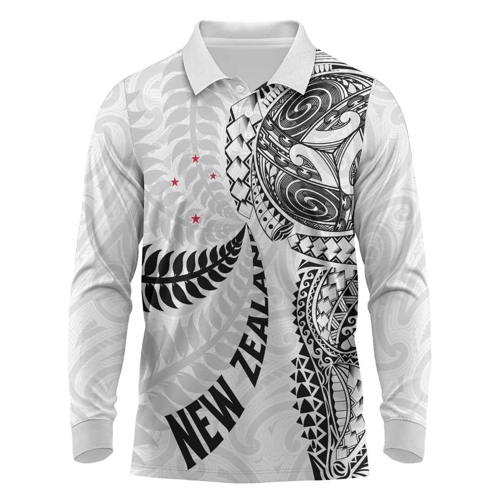 Aotearoa Volleyball Custom Long Sleeve Polo Shirt Silver Ferns and Maori Tribal White LT03 White - Polynesian Pride