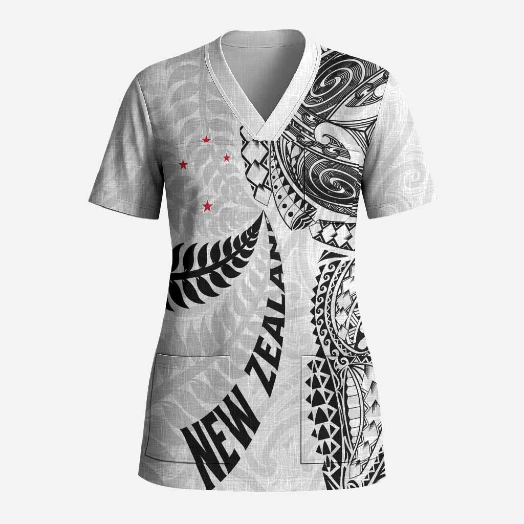 Aotearoa Volleyball Custom Scrub Top Silver Ferns and Maori Tribal White LT03 Adult White - Polynesian Pride