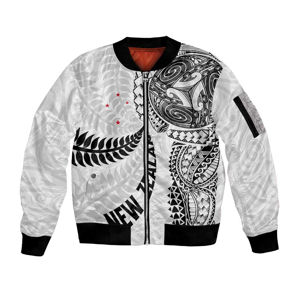 Aotearoa Volleyball Custom Sleeve Zip Bomber Jacket Silver Ferns and Maori Tribal White LT03 Unisex White - Polynesian Pride
