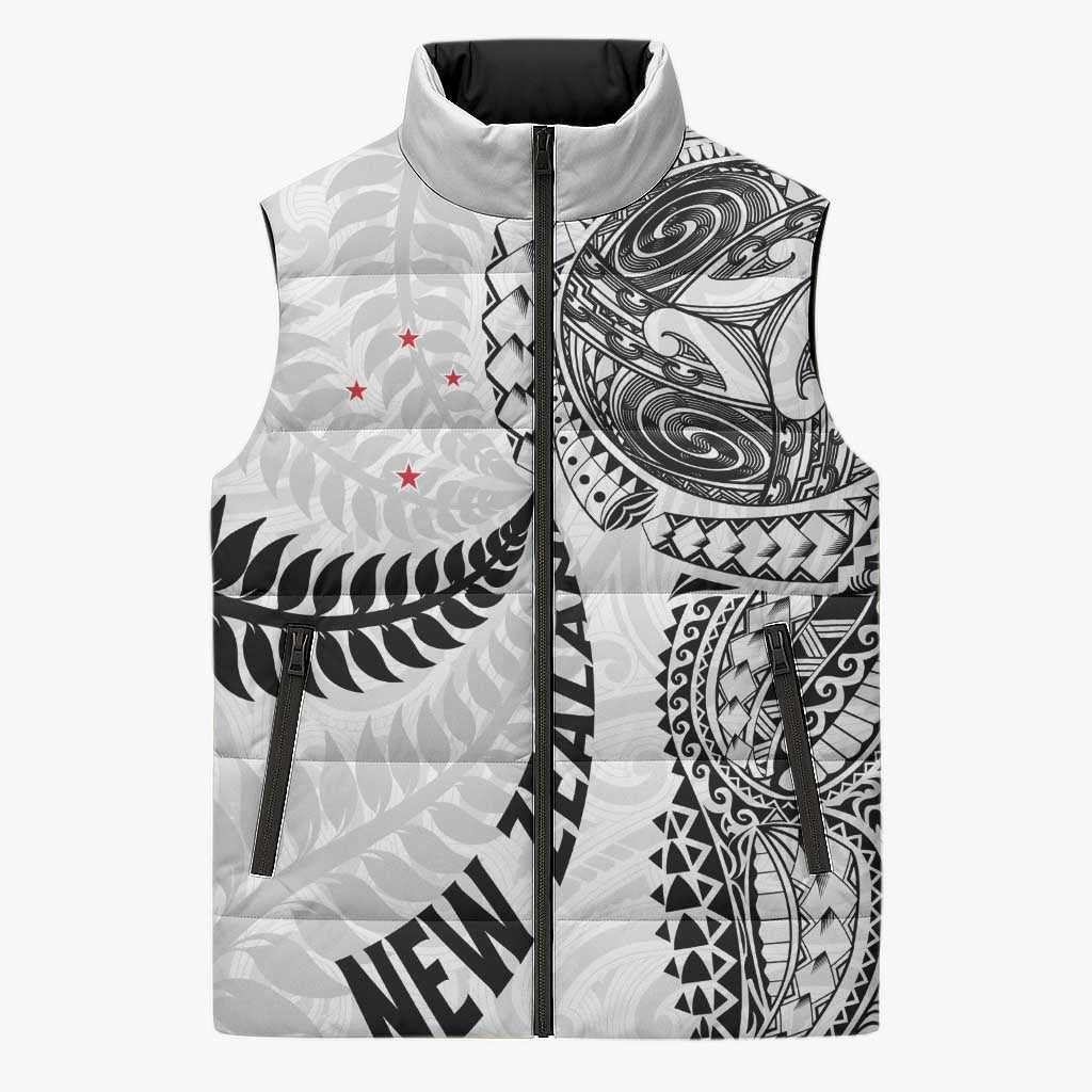 Aotearoa Volleyball Custom Sleeveless Puffer Jacket Silver Ferns and Maori Tribal White LT03 Unisex White - Polynesian Pride