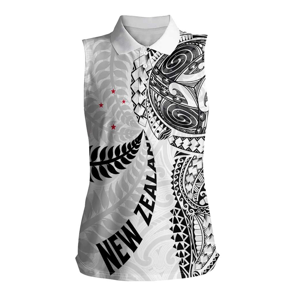 Aotearoa Volleyball Custom Women Sleeveless Polo Shirt Silver Ferns and Maori Tribal White