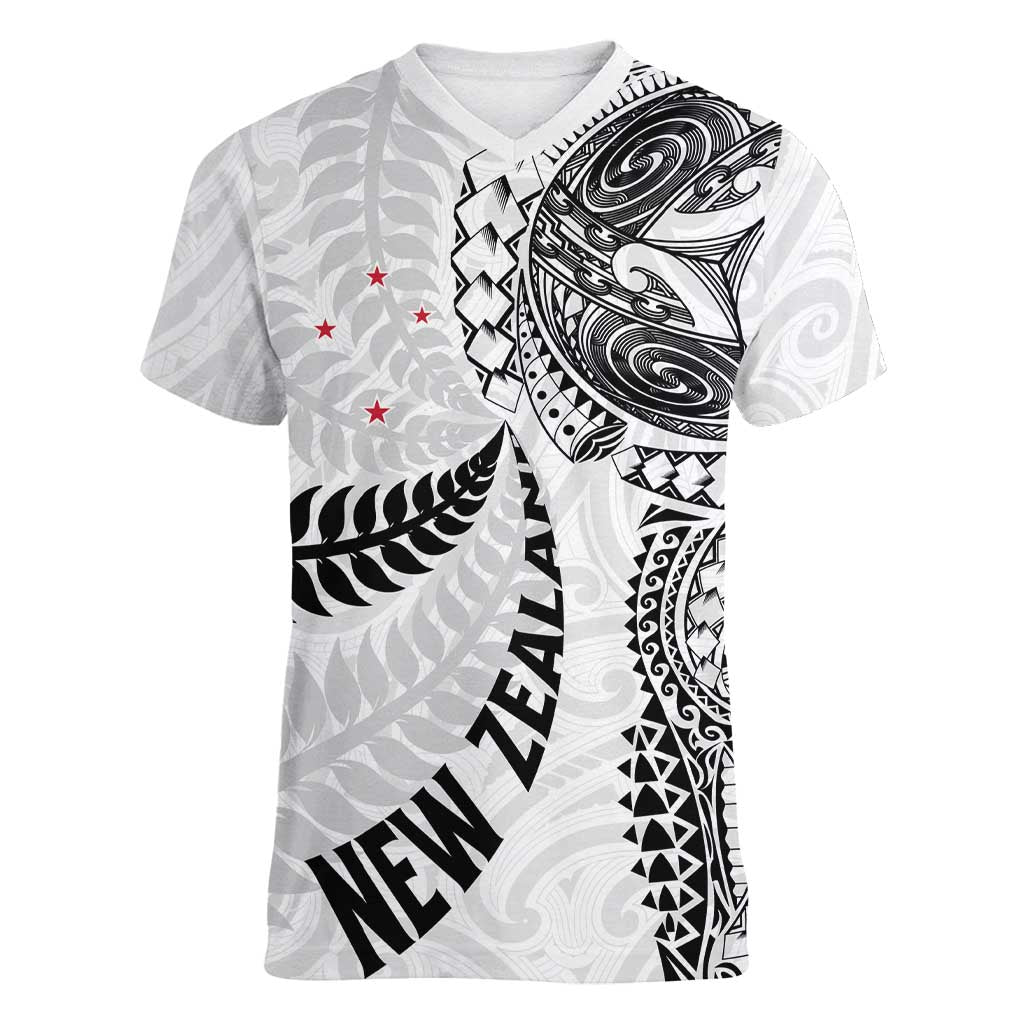 Aotearoa Volleyball Custom Women V-Neck T-Shirt Silver Ferns and Maori Tribal White LT03 Female White - Polynesian Pride