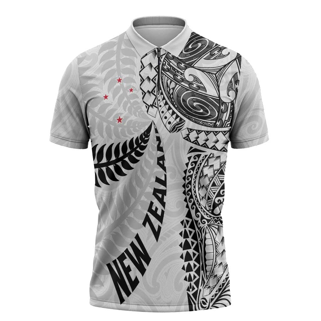 Aotearoa Volleyball Custom Zipper Polo Shirt Silver Ferns and Maori Tribal White LT03 White - Polynesian Pride