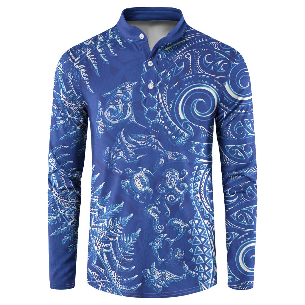 New Zealand Sea Animals Button Sweatshirt with Maori Koru Tribal Tattoo and Silver Ferns Aquatic Style LT03 Navy - Polynesian Pride