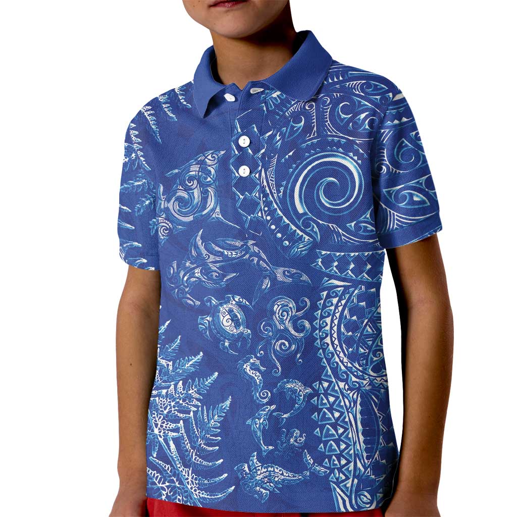 New Zealand Sea Animals Kid Polo Shirt with Maori Koru Tribal Tattoo and Silver Ferns Aquatic Style LT03 Kid Navy - Polynesian Pride