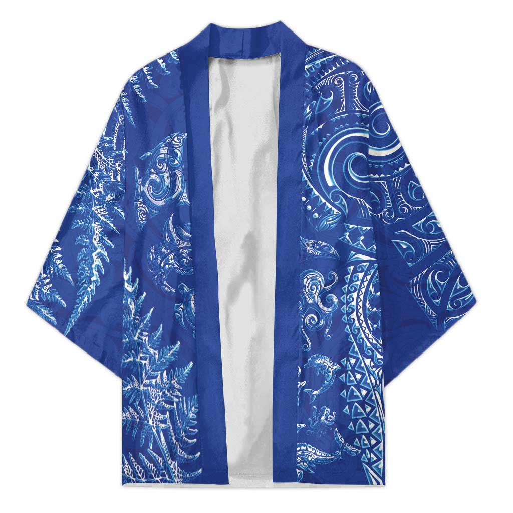 New Zealand Sea Animals Kimono with Maori Koru Tribal Tattoo and Silver Ferns Aquatic Style LT03 Unisex Navy - Polynesian Pride