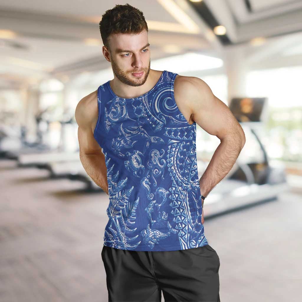 New Zealand Sea Animals Men Tank Top with Maori Koru Tribal Tattoo and Silver Ferns Aquatic Style