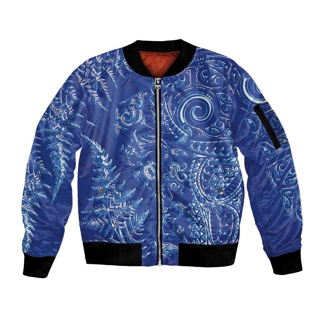 New Zealand Sea Animals Sleeve Zip Bomber Jacket with Maori Koru Tribal Tattoo and Silver Ferns Aquatic Style LT03 Unisex Navy - Polynesian Pride