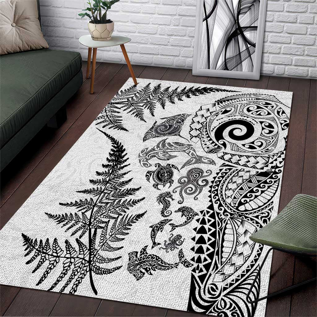 New Zealand Sea Animals Area Rug with Maori Koru Tribal Tattoo and Silver Ferns White Color