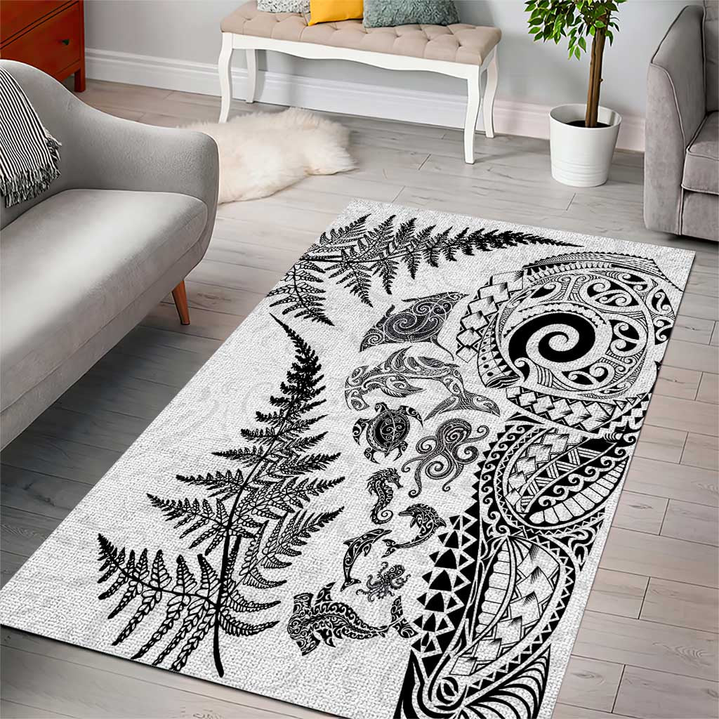 New Zealand Sea Animals Area Rug with Maori Koru Tribal Tattoo and Silver Ferns White Color