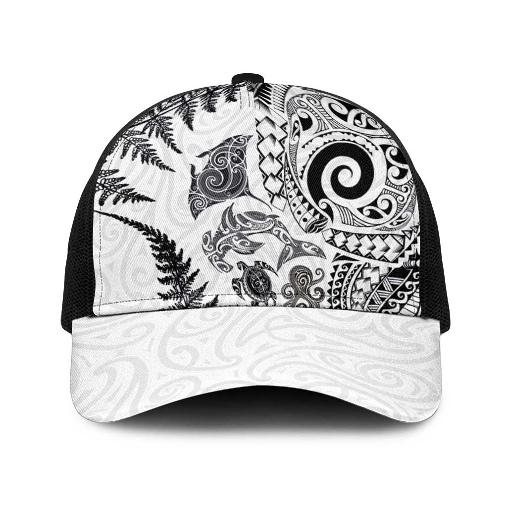 New Zealand Sea Animals Baseball Net Cap with Maori Koru Tribal Tattoo and Silver Ferns White Color LT03 One Size Black White - Polynesian Pride