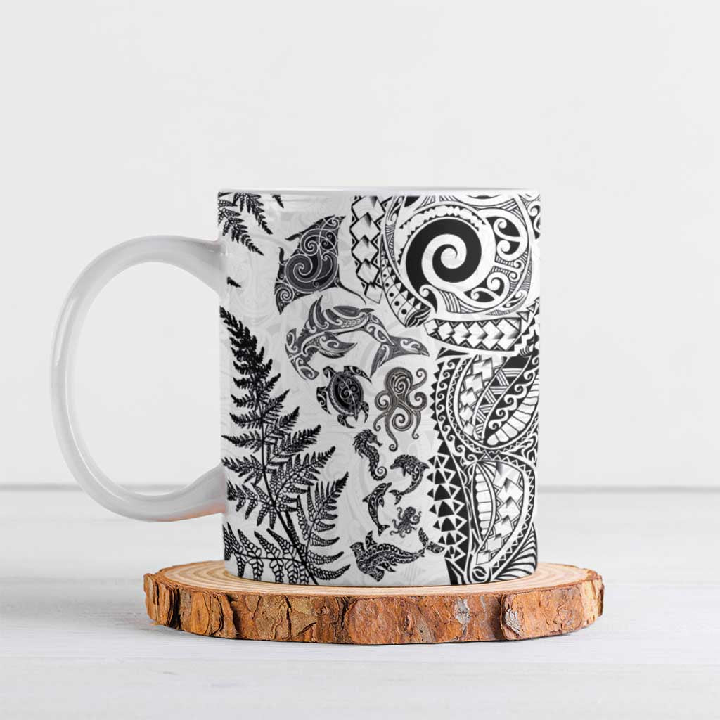 New Zealand Sea Animals Ceramic Mug with Maori Koru Tribal Tattoo and Silver Ferns White Color LT03 White - Polynesian Pride