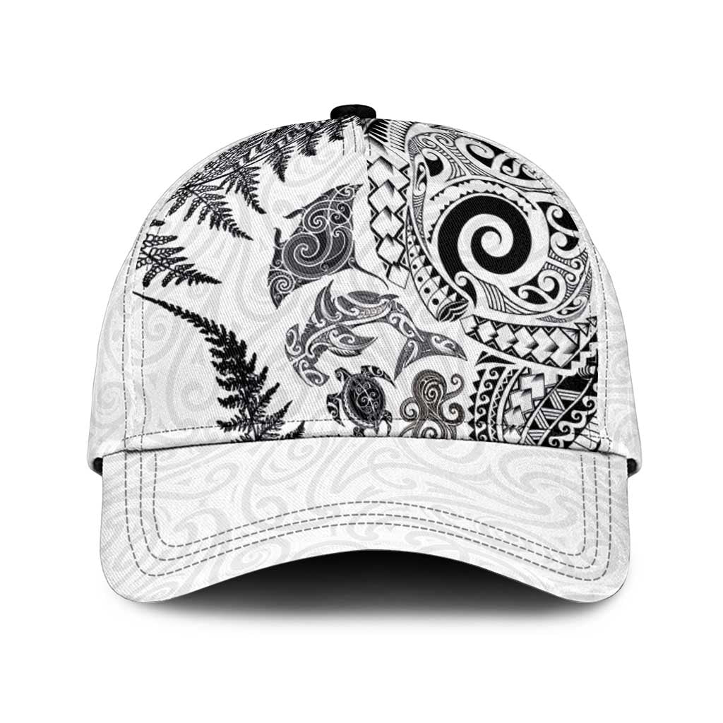 New Zealand Sea Animals Classic Cap with Maori Koru Tribal Tattoo and Silver Ferns White Color LT03 Universal Fit White - Polynesian Pride
