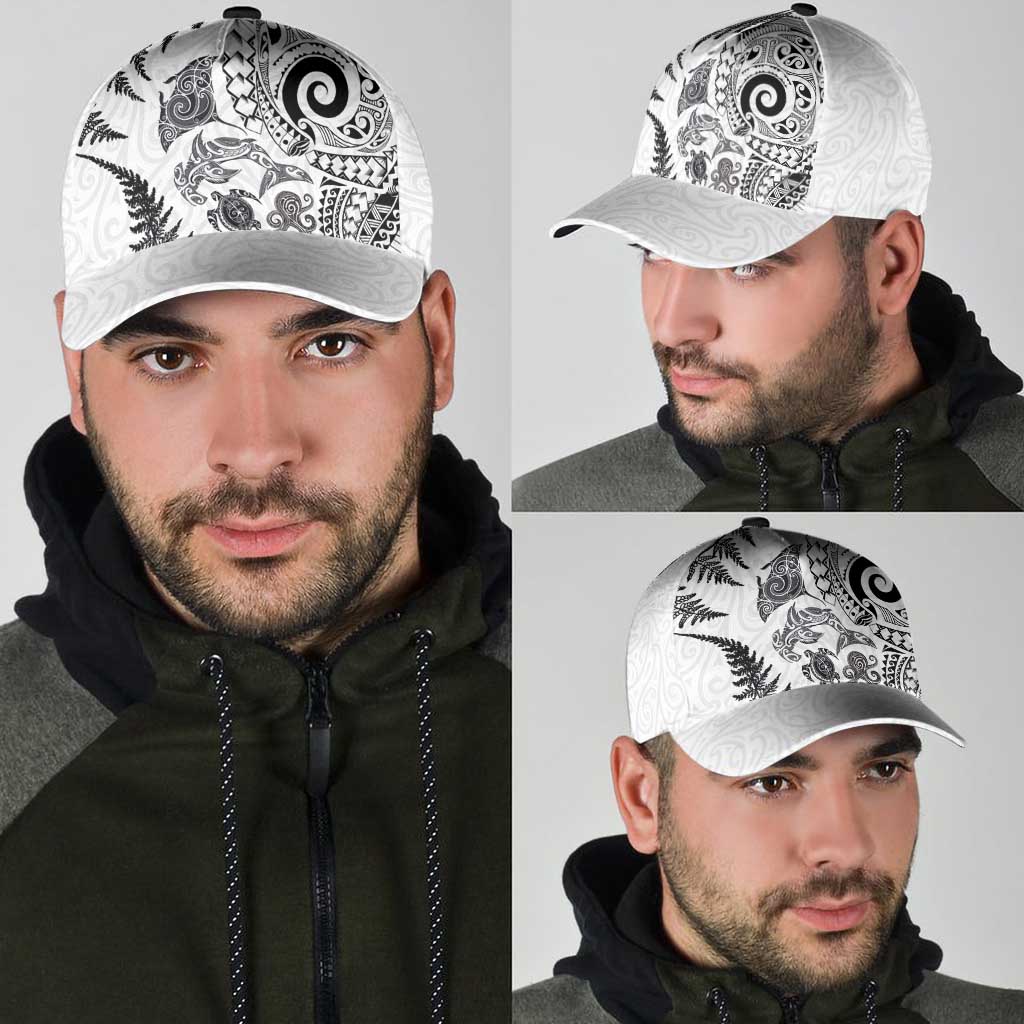 New Zealand Sea Animals Classic Cap with Maori Koru Tribal Tattoo and Silver Ferns White Color LT03 - Polynesian Pride