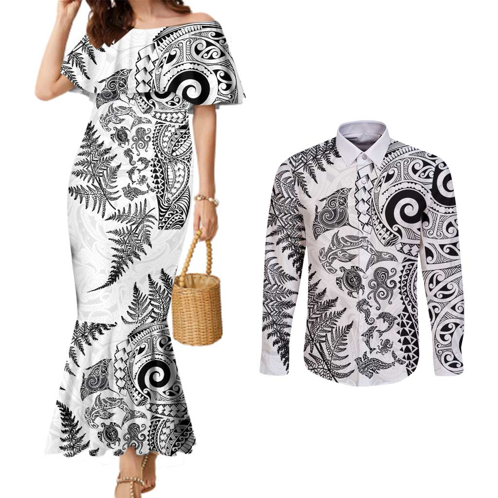 New Zealand Sea Animals Couples Matching Mermaid Dress and Long Sleeve Button Shirt with Maori Koru Tribal Tattoo and Silver Ferns White Color LT03 White - Polynesian Pride