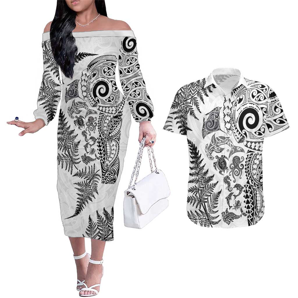 New Zealand Sea Animals Couples Matching Off The Shoulder Long Sleeve Dress and Hawaiian Shirt with Maori Koru Tribal Tattoo and Silver Ferns White Color LT03 White - Polynesian Pride