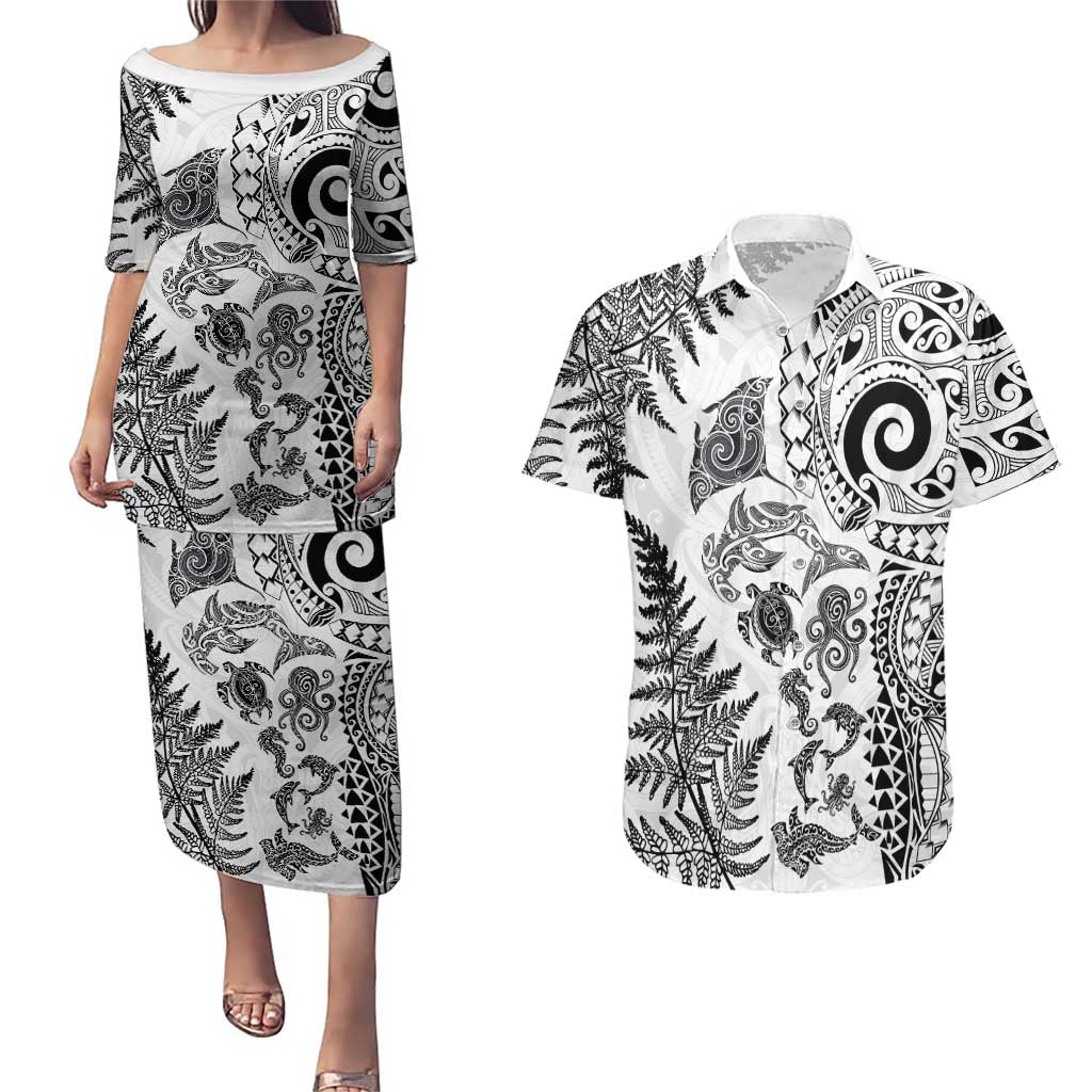 New Zealand Sea Animals Couples Matching Puletasi and Hawaiian Shirt with Maori Koru Tribal Tattoo and Silver Ferns White Color LT03 White - Polynesian Pride