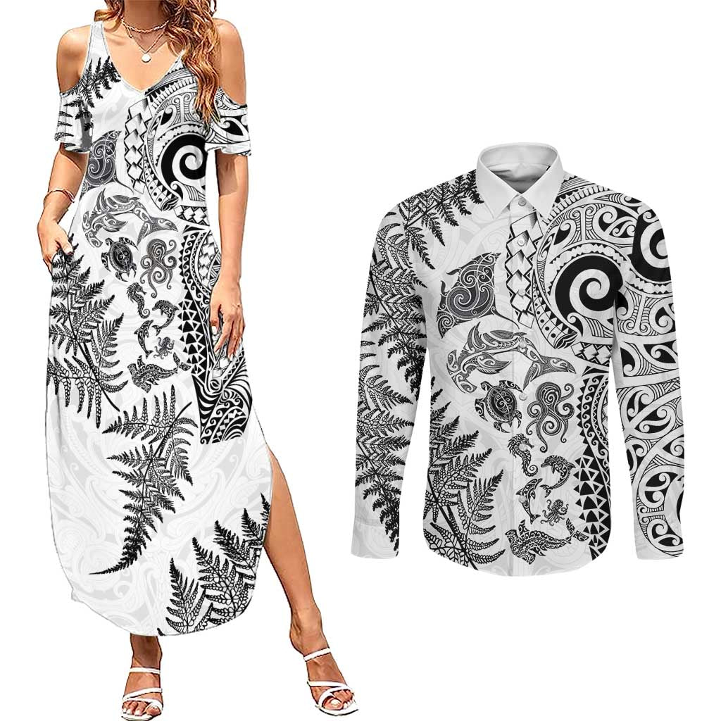 New Zealand Sea Animals Couples Matching Summer Maxi Dress and Long Sleeve Button Shirt with Maori Koru Tribal Tattoo and Silver Ferns White Color LT03 White - Polynesian Pride