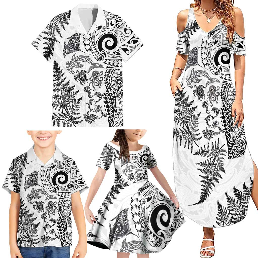 New Zealand Sea Animals Family Matching Summer Maxi Dress and Hawaiian Shirt with Maori Koru Tribal Tattoo and Silver Ferns White Color LT03 - Polynesian Pride