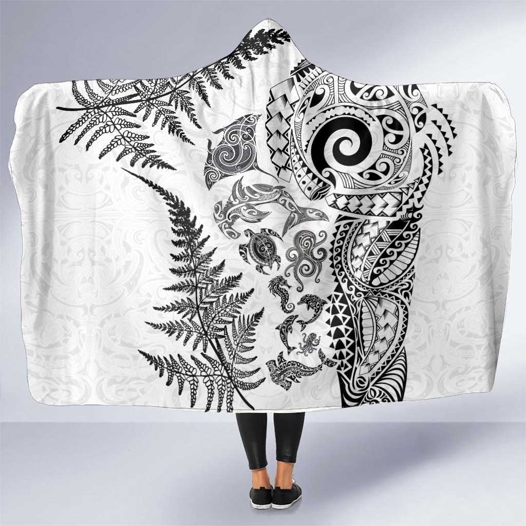 New Zealand Sea Animals Hooded Blanket with Maori Koru Tribal Tattoo and Silver Ferns White Color LT03 One Size White - Polynesian Pride