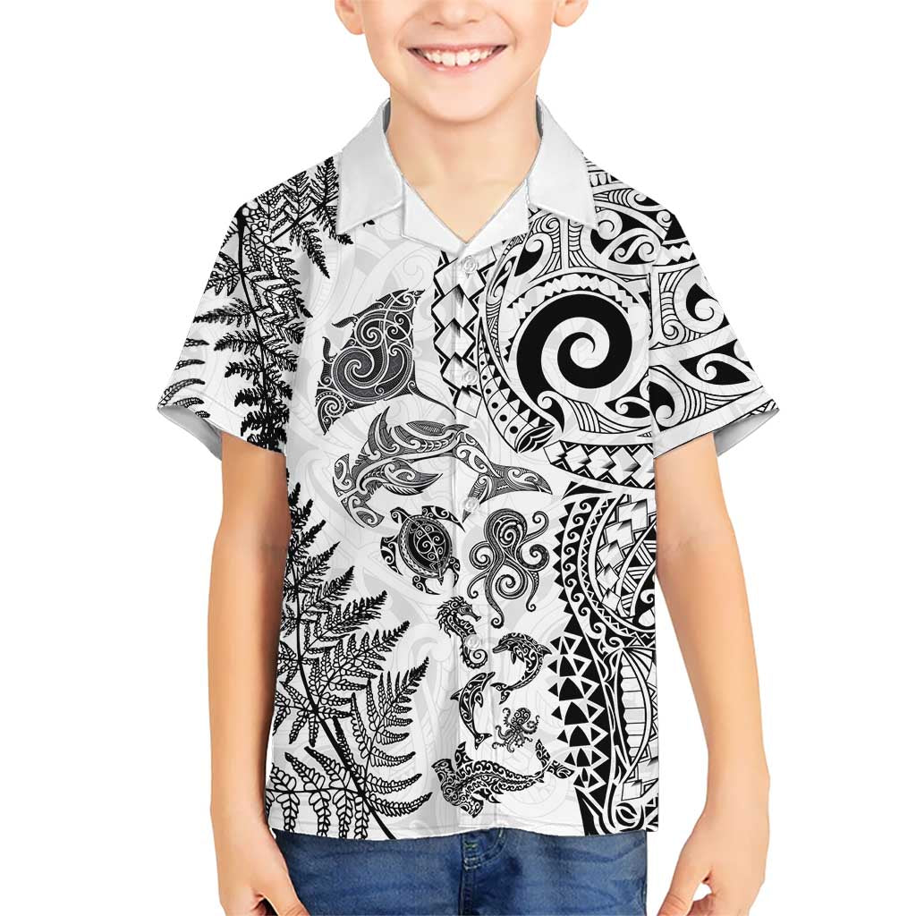 New Zealand Sea Animals Kid Hawaiian Shirt with Maori Koru Tribal Tattoo and Silver Ferns White Color LT03 Kid White - Polynesian Pride