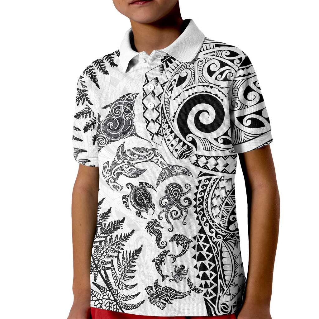 New Zealand Sea Animals Kid Polo Shirt with Maori Koru Tribal Tattoo and Silver Ferns White Color LT03 Kid White - Polynesian Pride