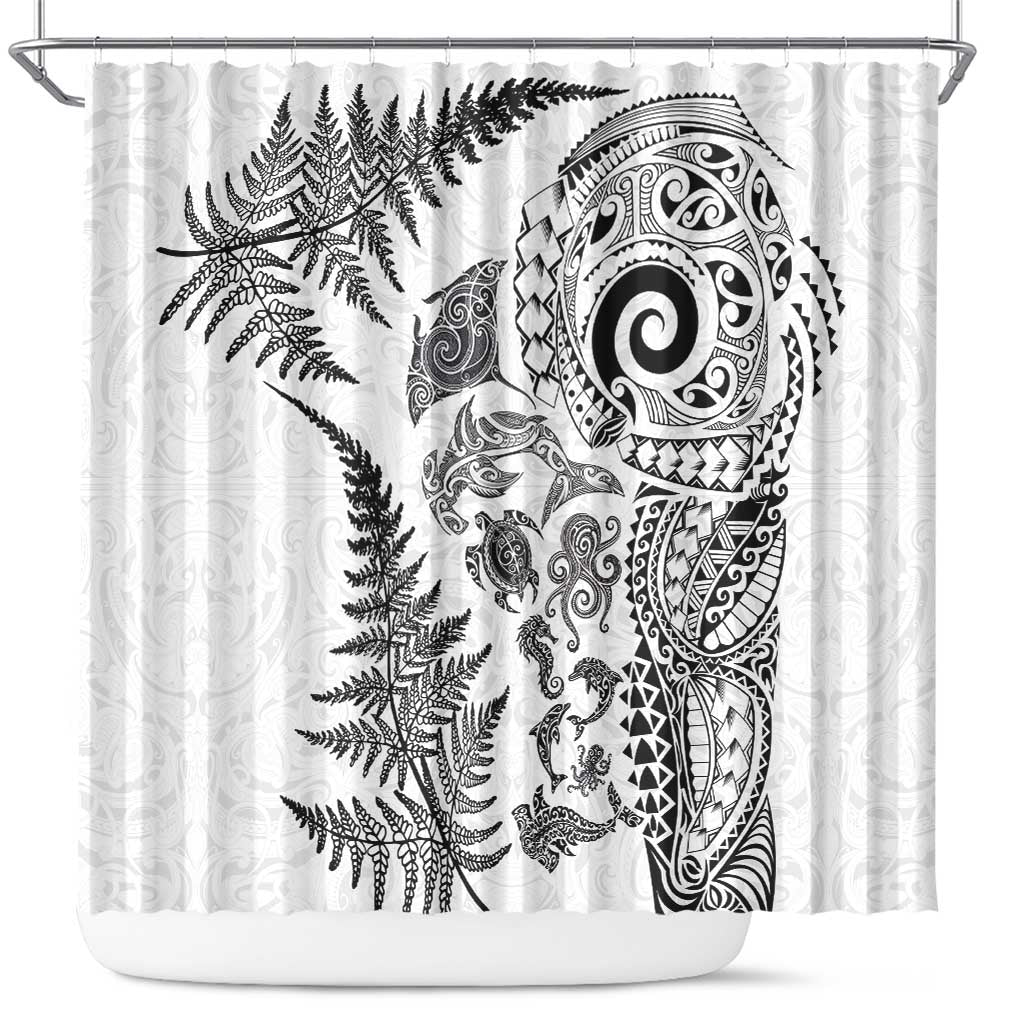 New Zealand Sea Animals Shower Curtain with Maori Koru Tribal Tattoo and Silver Ferns White Color LT03 White - Polynesian Pride