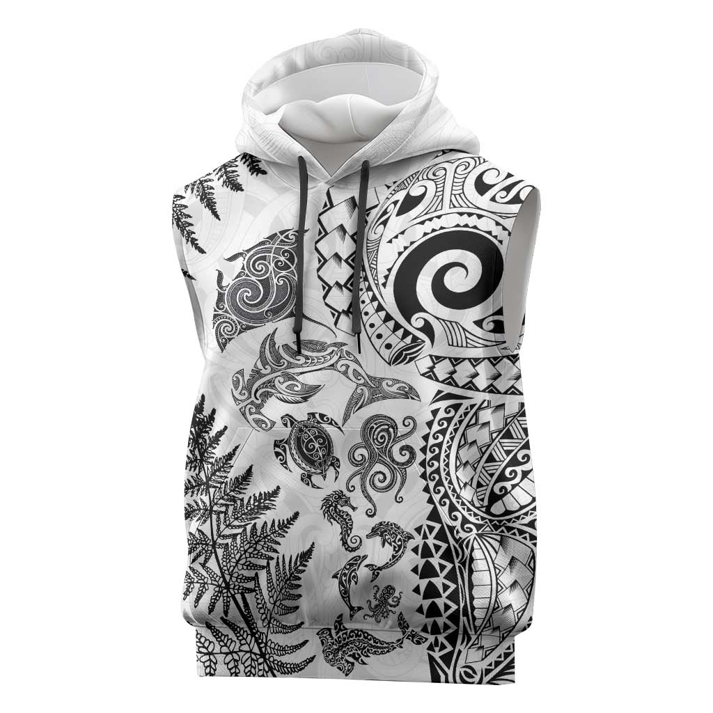 New Zealand Sea Animals Sleeveless Hoodie with Maori Koru Tribal Tattoo and Silver Ferns White Color