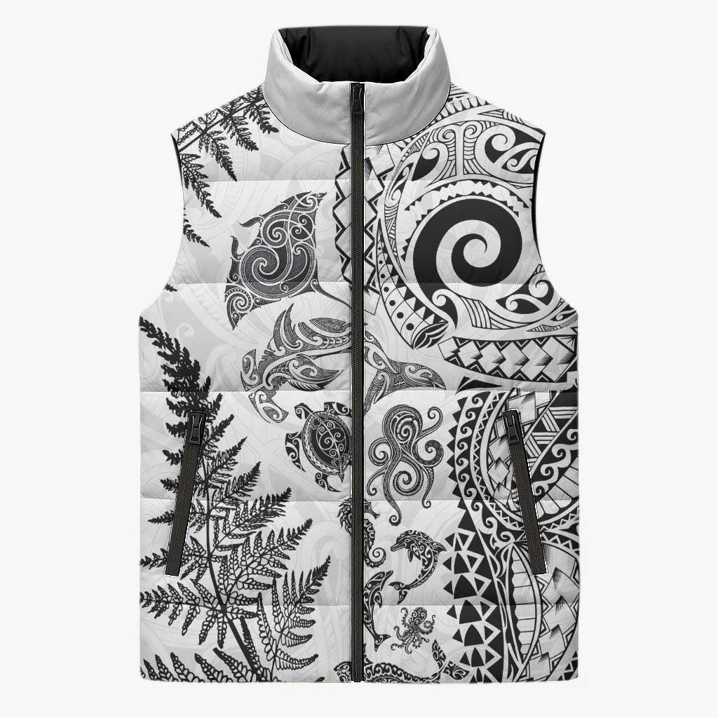 New Zealand Sea Animals Sleeveless Puffer Jacket with Maori Koru Tribal Tattoo and Silver Ferns White Color LT03 Unisex White - Polynesian Pride