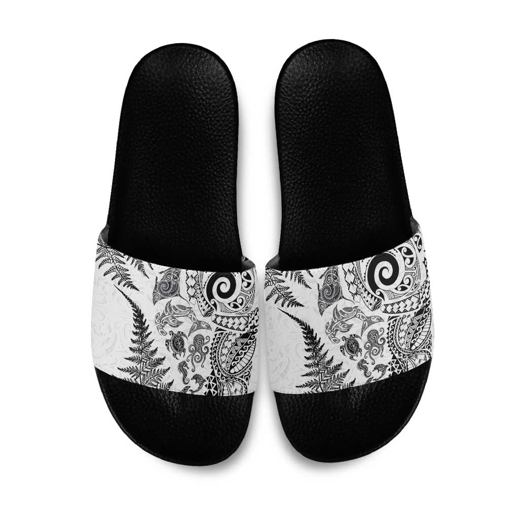 New Zealand Sea Animals Slide Sandals with Maori Koru Tribal Tattoo and Silver Ferns White Color LT03 White - Polynesian Pride