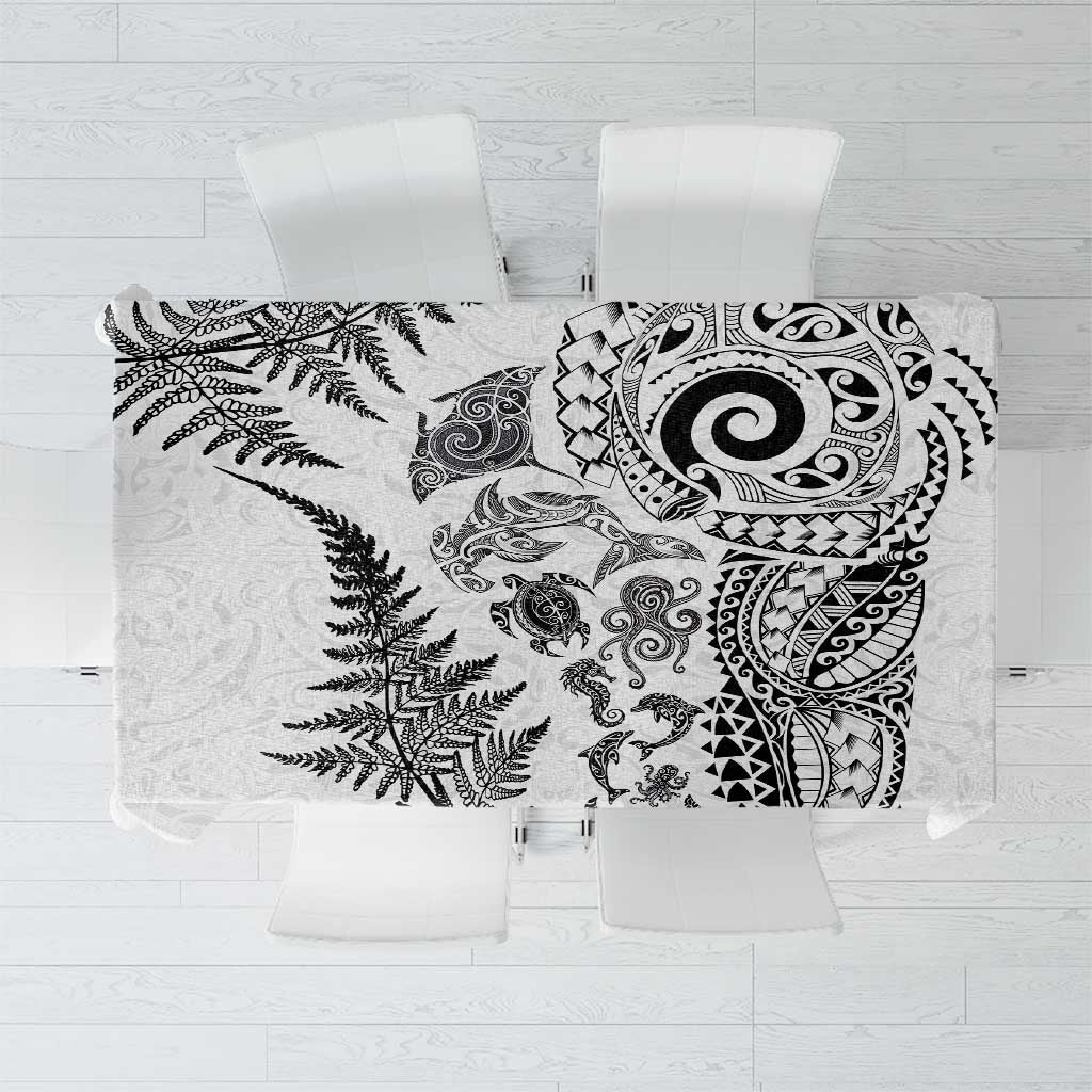 New Zealand Sea Animals Tablecloth with Maori Koru Tribal Tattoo and Silver Ferns White Color LT03 White - Polynesian Pride