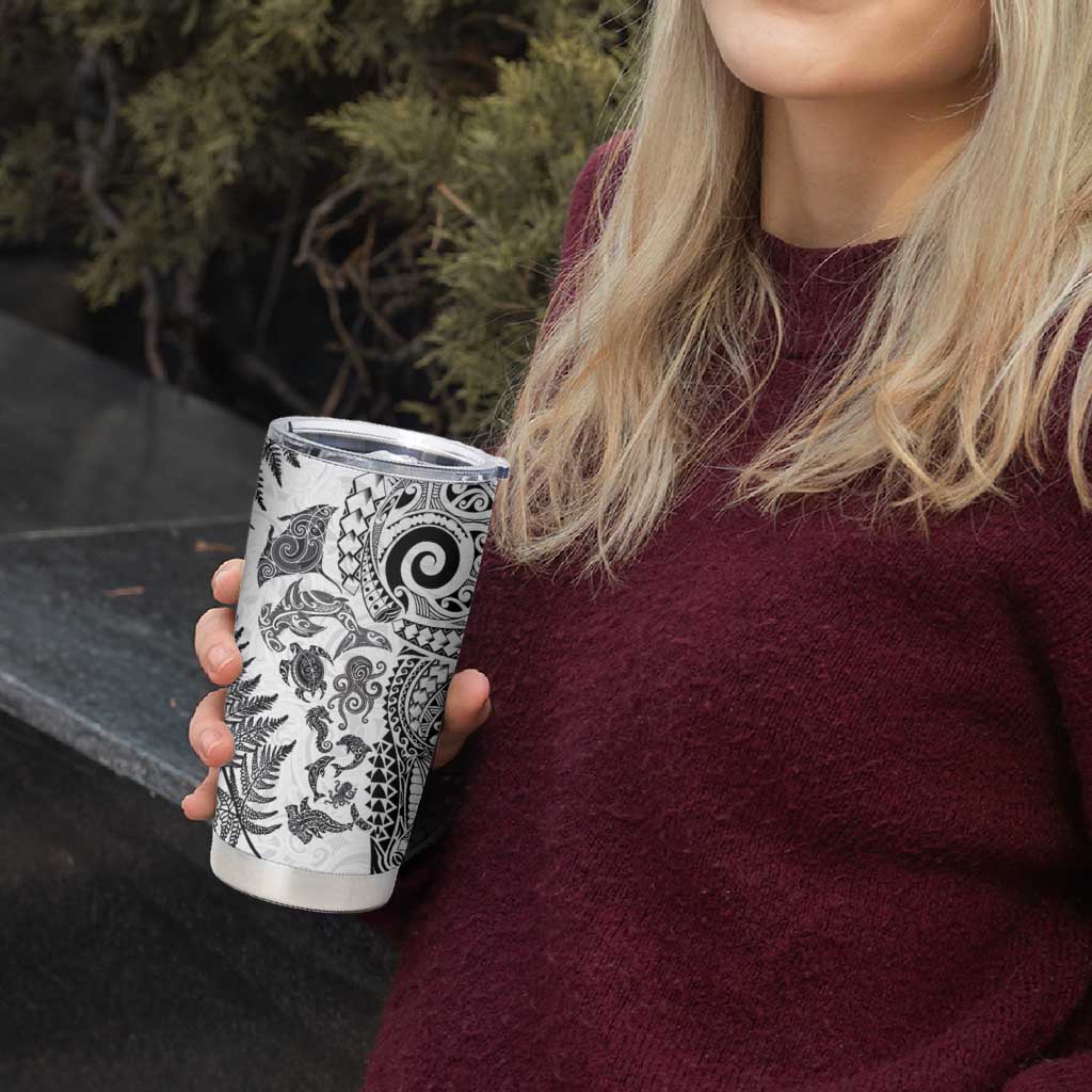 New Zealand Sea Animals Tumbler Cup with Maori Koru Tribal Tattoo and Silver Ferns White Color LT03 - Polynesian Pride
