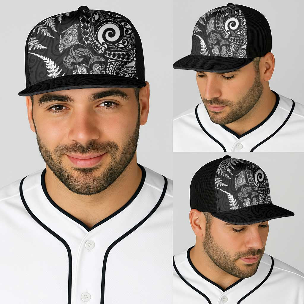 New Zealand Sea Animals Baseball Net Cap with Maori Koru Tribal Tattoo and Silver Ferns Black Color LT03 - Polynesian Pride