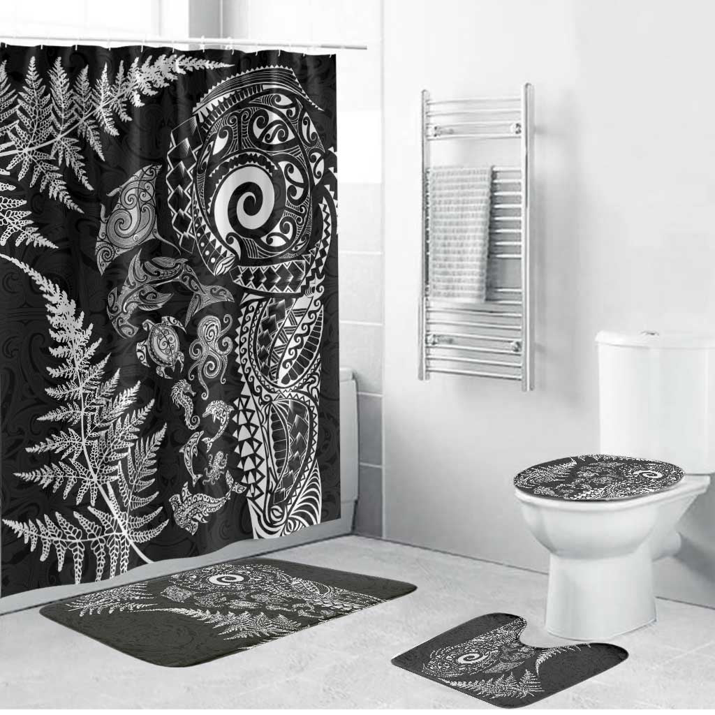 New Zealand Sea Animals Bathroom Set with Maori Koru Tribal Tattoo and Silver Ferns Black Color