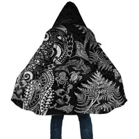 New Zealand Sea Animals Cloak with Maori Koru Tribal Tattoo and Silver Ferns Black Color