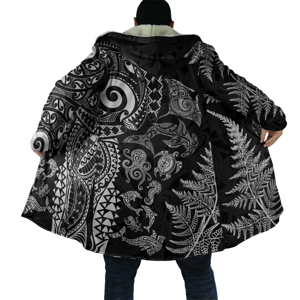 New Zealand Sea Animals Cloak with Maori Koru Tribal Tattoo and Silver Ferns Black Color