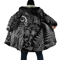 New Zealand Sea Animals Cloak with Maori Koru Tribal Tattoo and Silver Ferns Black Color