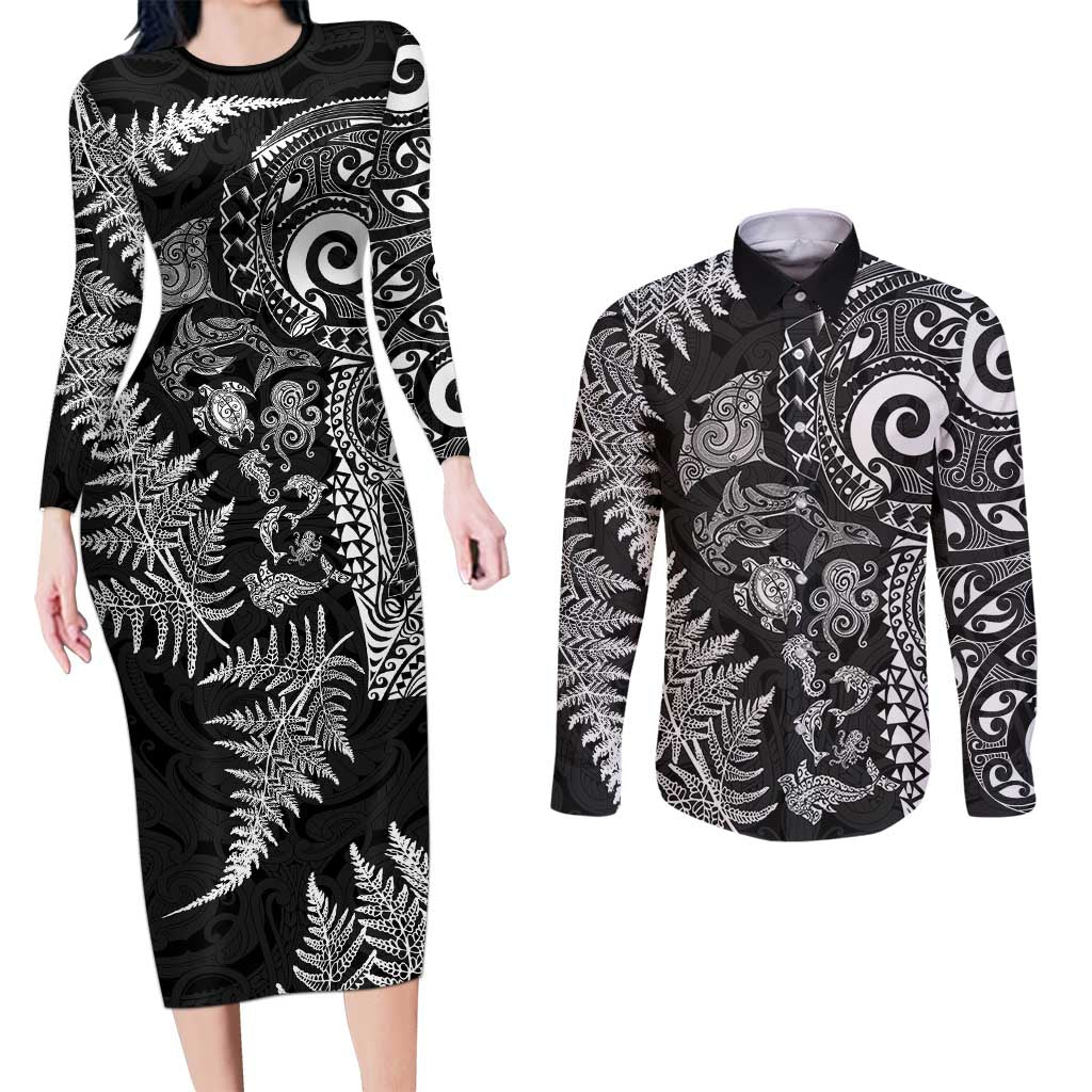New Zealand Sea Animals Couples Matching Long Sleeve Bodycon Dress and Long Sleeve Button Shirt with Maori Koru Tribal Tattoo and Silver Ferns Black Color LT03 Black - Polynesian Pride