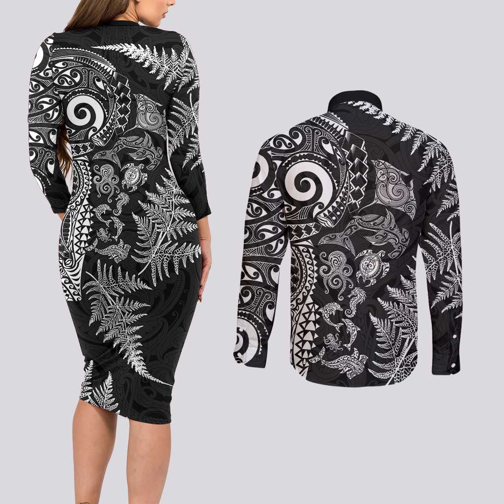 New Zealand Sea Animals Couples Matching Long Sleeve Bodycon Dress and Long Sleeve Button Shirt with Maori Koru Tribal Tattoo and Silver Ferns Black Color
