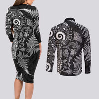 New Zealand Sea Animals Couples Matching Long Sleeve Bodycon Dress and Long Sleeve Button Shirt with Maori Koru Tribal Tattoo and Silver Ferns Black Color
