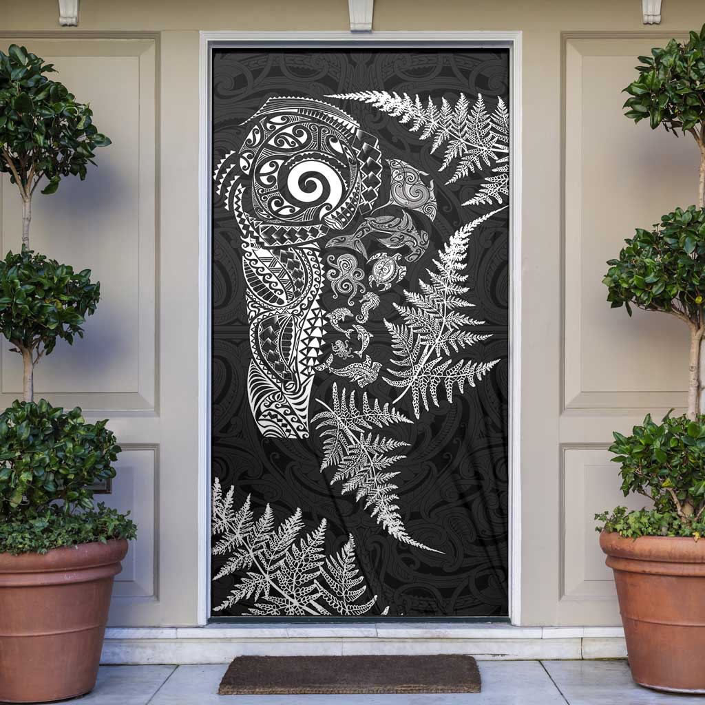 New Zealand Sea Animals Door Cover with Maori Koru Tribal Tattoo and Silver Ferns Black Color