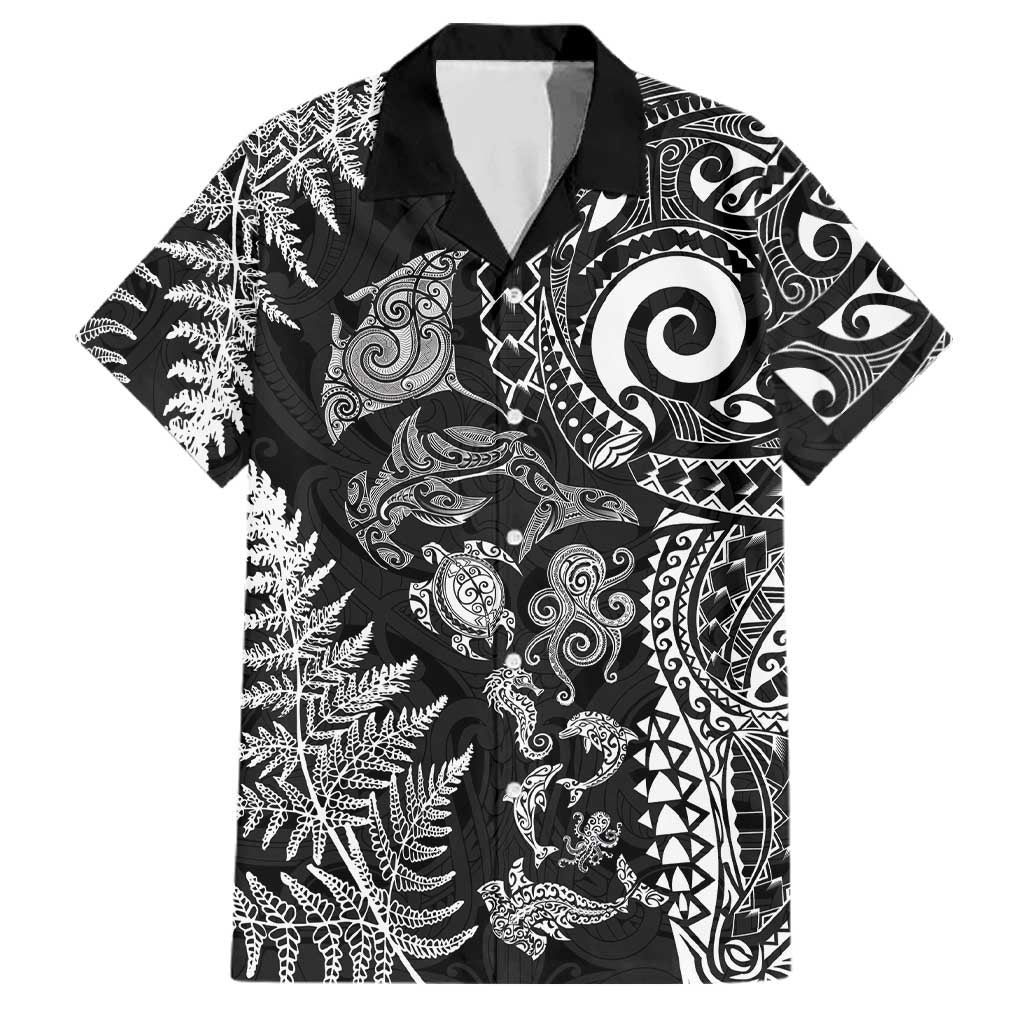 New Zealand Sea Animals Family Matching Mermaid Dress and Hawaiian Shirt with Maori Koru Tribal Tattoo and Silver Ferns Black Color LT03 Dad's Shirt - Short Sleeve Black - Polynesian Pride