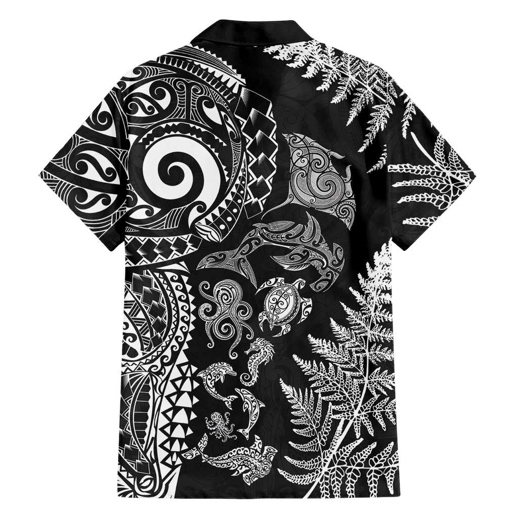 New Zealand Sea Animals Family Matching Off The Shoulder Long Sleeve Dress and Hawaiian Shirt with Maori Koru Tribal Tattoo and Silver Ferns Black Color LT03 - Polynesian Pride