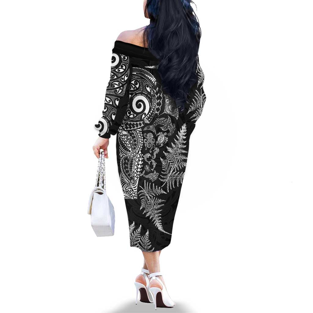 New Zealand Sea Animals Family Matching Off The Shoulder Long Sleeve Dress and Hawaiian Shirt with Maori Koru Tribal Tattoo and Silver Ferns Black Color LT03 - Polynesian Pride