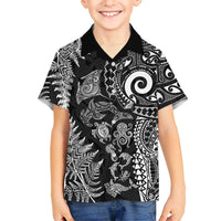 New Zealand Sea Animals Family Matching Off Shoulder Maxi Dress and Hawaiian Shirt with Maori Koru Tribal Tattoo and Silver Ferns Black Color LT03 Son's Shirt Black - Polynesian Pride