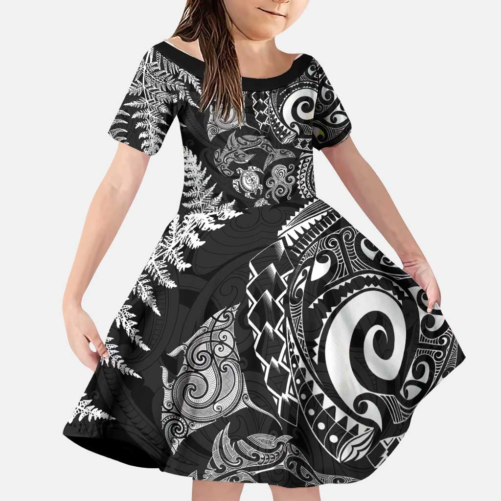 New Zealand Sea Animals Family Matching Off Shoulder Short Dress and Hawaiian Shirt with Maori Koru Tribal Tattoo and Silver Ferns Black Color LT03 Daughter's Dress Black - Polynesian Pride