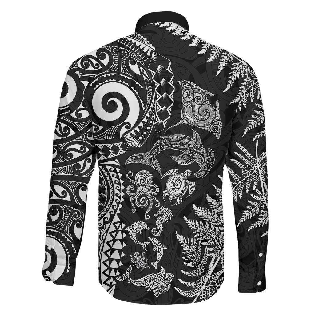 New Zealand Sea Animals Family Matching Puletasi and Hawaiian Shirt with Maori Koru Tribal Tattoo and Silver Ferns Black Color LT03 - Polynesian Pride